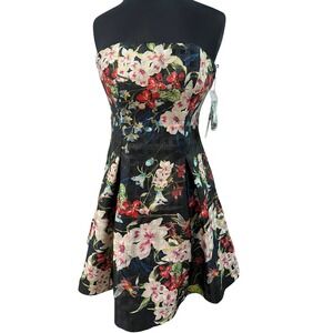 Nicole Miller New York Strapless Floral Metallic Fit Flare Cocktail Dress 10